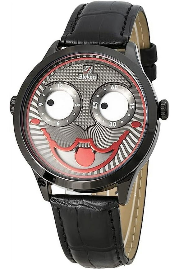 Collections Unisex 42mm Case Intricate Joker Face Genuine Leather Strap Watch