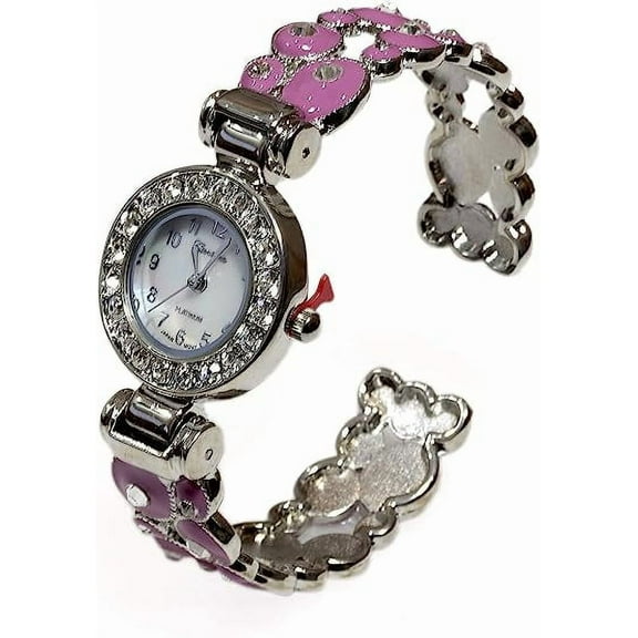 Blekon Collections Women Mother  Pearl Dial Crystal Surround with Geometric Circles Bracelet Cuff Watch
