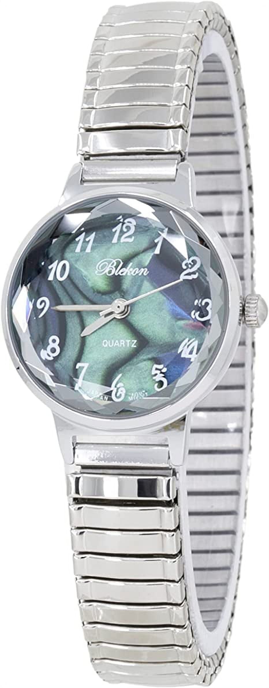 Blekon Collections Women's 25mm Analog Display Case Cut Crystal Mother of Pearl Dial Slim Metal Stretch Expansion Band Ladies Wrist Watch