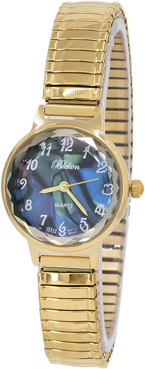 Blekon Collections Women's 25mm Analog Display Case Cut Crystal Mother of Pearl Dial Slim Metal Stretch Expansion Band Ladies Wrist Watch