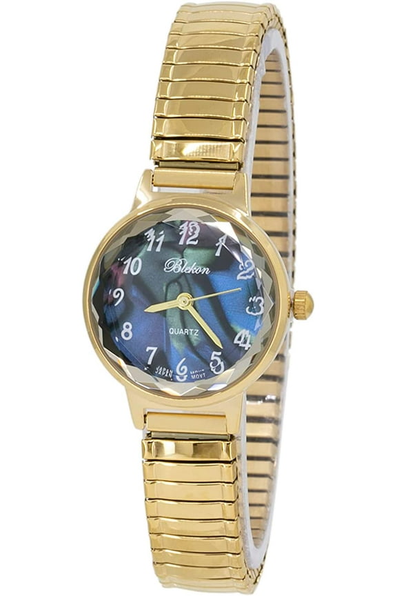 Collections Women's 25mm Analog Display Case Cut Crystal Mother of Pearl Dial Slim Metal Stretch Expansion Band Ladies Wrist Watch