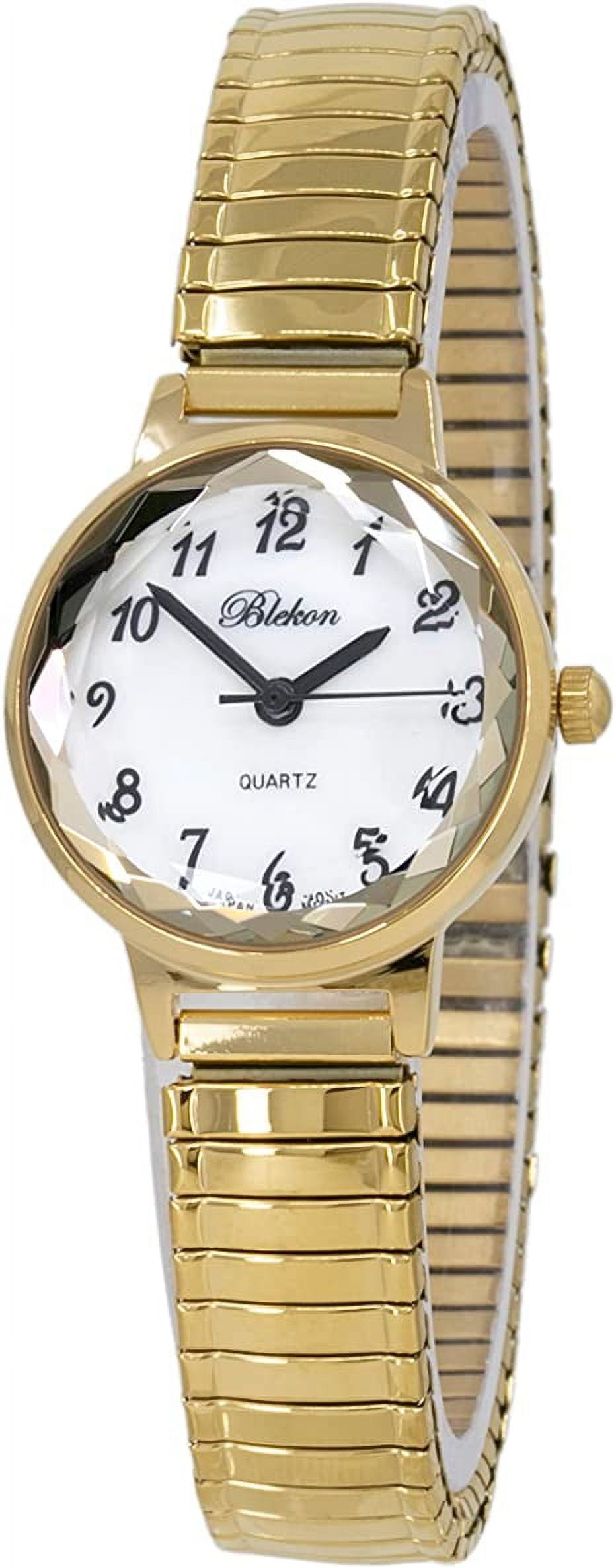 Blekon Collections Women's 25mm Analog Display Case Cut Crystal Mother of Pearl Dial Slim Metal Stretch Expansion Band Ladies Wrist Watch