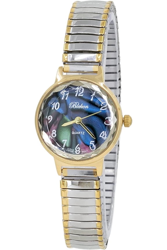 Blekon Collections Women's 25mm Mother of Pearl Analog Watch, Japanese Quartz Dress Watch, Cut Crystal Bezel, Slim Stretch Expansion Band, Elegant Fashion Wrist Watch