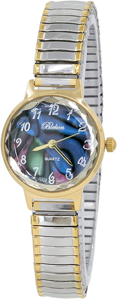 Blekon Collections Women's 25mm Analog Display Case Cut Crystal Mother of Pearl Dial Slim Metal Stretch Expansion Band Ladies Wrist Watch