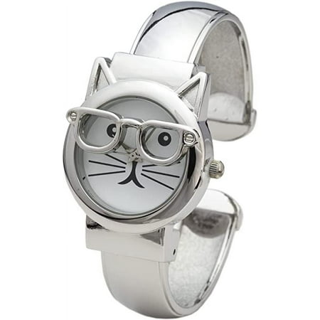 Blekon Collections Women's 29mm Case Cat Glasses Dial Cuff Bangle Watch