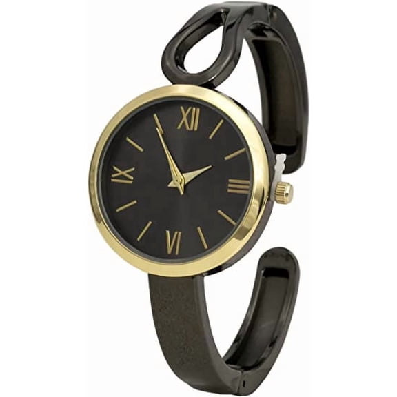 Blekon Collections Women’s 30mm Case Black Glossy Cuff Bangle Watch, Elegant Fashion Timepiece