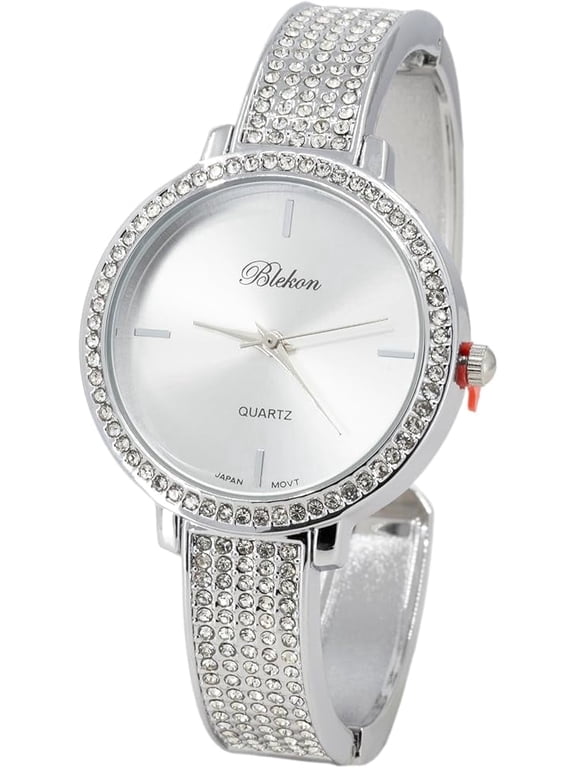 Collections Women's Analog Quartz Bracelet Watch, 32mm Rhinestone Round Dial, Metal Cuff Bangle Wrist Watch for Women, Fashion Dress Watch, Fits 7-8 Inch Wrists