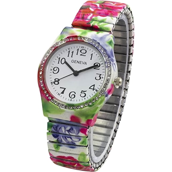 Blekon Collections Womens 34mm Case Floral Multicolor Stretch Band Watch