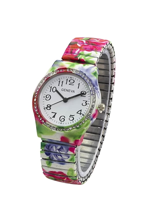 Collections Womens 34mm Case Floral Multicolor Stretch Band Watch