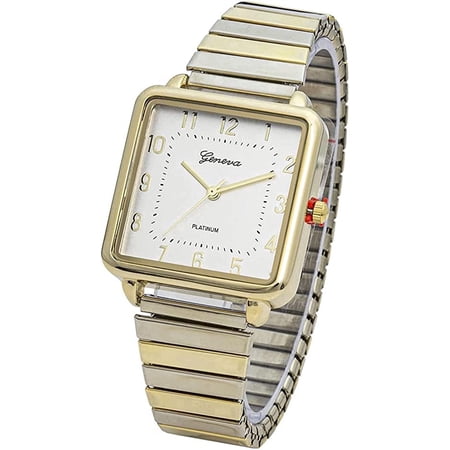 Blekon Collections Women’s 38mm Square Case Watch with Glossy Metal Stretch Band, Stylish Fashion Timepiece