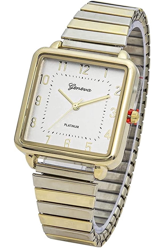 Collections Women’s 38mm Square Case Watch with Glossy Metal Stretch Band, Stylish Fashion Timepiece