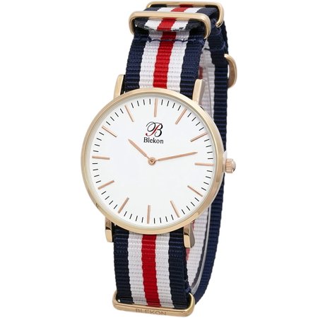 Blekon Collections Women's 40mm Ultra Thin Case Slip Through Indexed Dial Multicolor Nylon Strap Watch