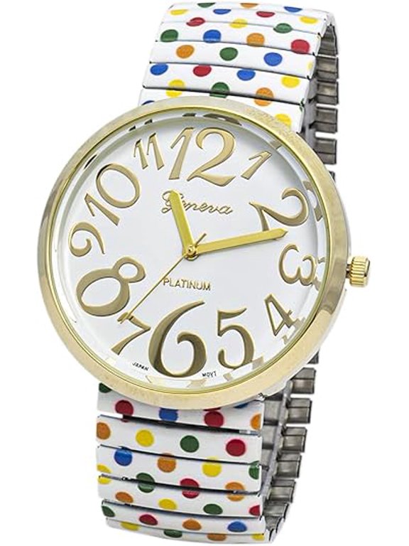 Collections Women's 41mm Case Polka Dots Design Stretch Band Watch (White)