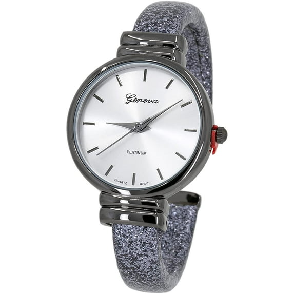 Blekon Collections Women's Analog Quartz 31mm Case Sparkling Glitter Designed Leather Cuff Bangle Ladies Wrist Watch