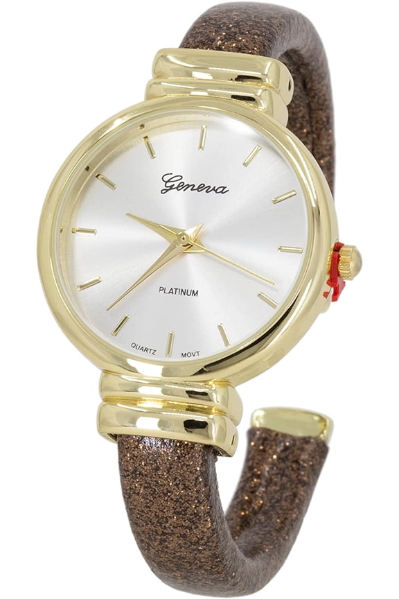 Collections Women's Analog Quartz 31mm Case Sparkling Glitter Designed Leather Cuff Bangle Ladies Wrist Watch