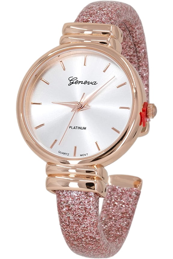 Collections Women's Analog Quartz 31mm Case Sparkling Glitter Designed Leather Cuff Bangle Ladies Wrist Watch