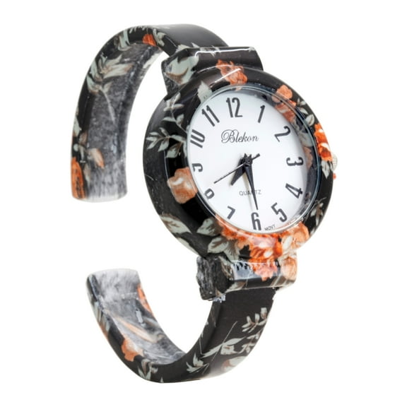 Blekon Collections Women’s Cuff Bangle Watch – Elegant Flower Design Bracelet Timepiece, Fashion Jewelry Wristwatch for Ladies, Stylish Dress Gift, Multiple Design Options