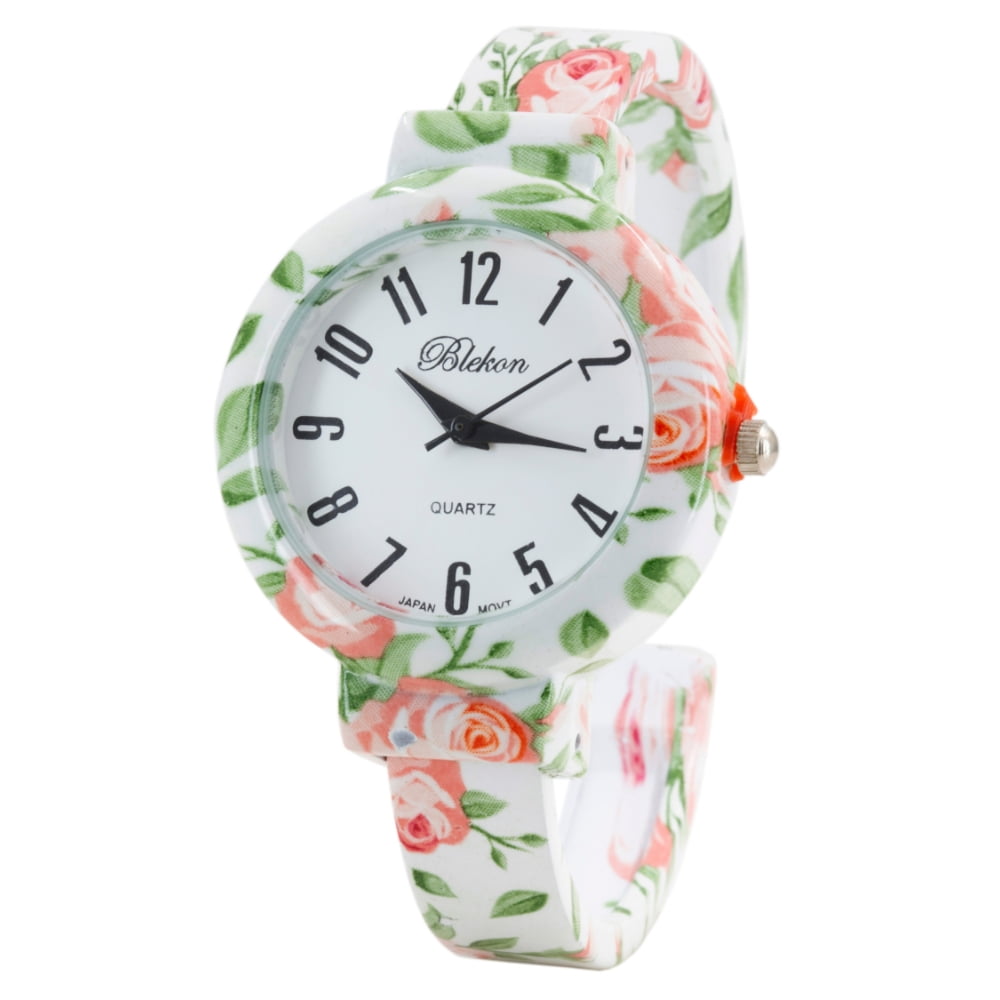 Blekon Collections Women’s Cuff Bangle Watch – Elegant Flower Design Bracelet Timepiece, Fashion Jewelry Wristwatch for Ladies, Stylish Dress Gift, Multiple Design Options