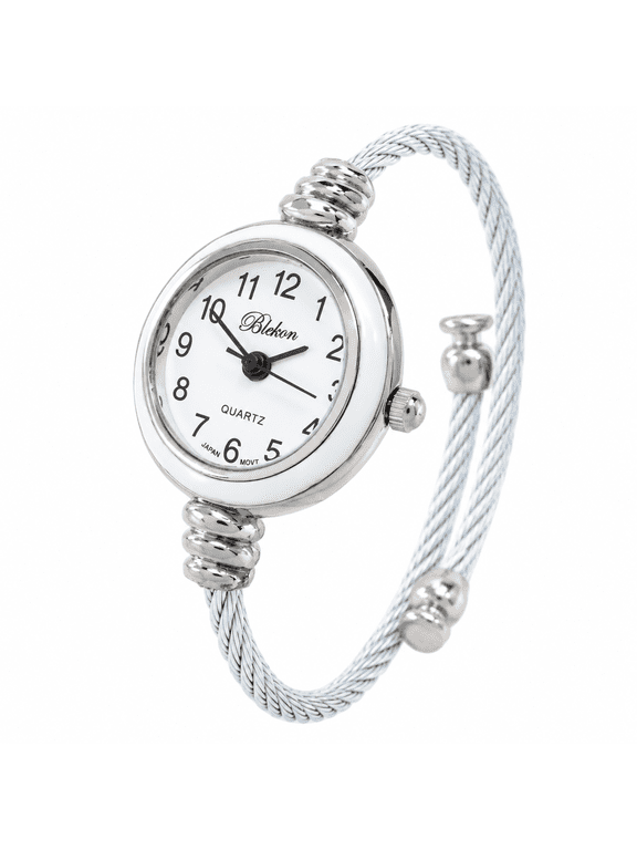 Blekon Collections Women's Cuff Watch, 24mm Round Analog Watch, Japanese Quartz Movement, Wire Cable Bangle Bracelet, Arabic Numeral Dial, Elegant Dress Wrist Watch