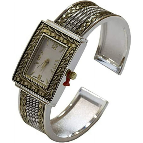 Blekon Collections Women's Fashion Rectangle Face Braided Designed Bangle Cuff Watch
