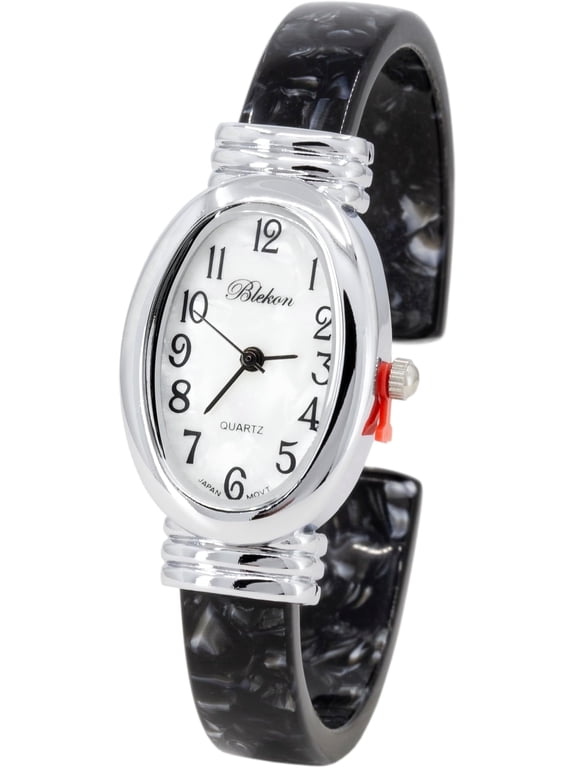 Collections Women's Round, Oval, Rectangle Case Shapes Acrylic Tortoise Shell Color Design Cuff Bangle Watch (Silver/White/BlackPearl/Oval)
