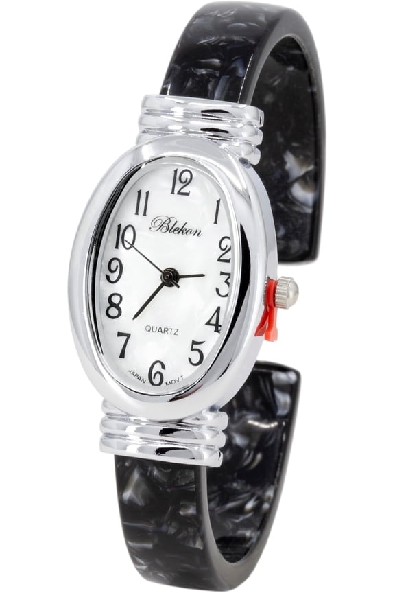 Collections Women's Round, Oval, Rectangle Case Shapes Acrylic Tortoise Shell Color Design Cuff Bangle Watch (Silver/White/BlackPearl/Oval)