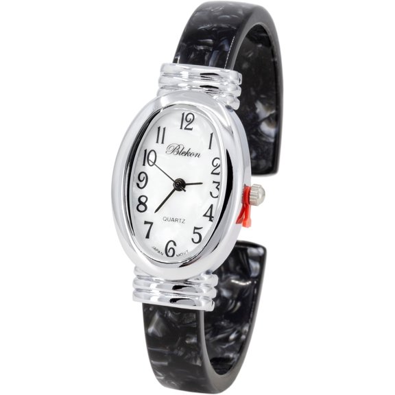 Blekon Collections Women's Round, Oval, Rectangle Case Shapes Acrylic Tortoise Shell Color Design Cuff Bangle Watch (Silver/White/BlackPearl/Oval)