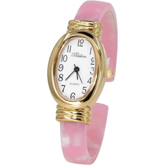 Blekon Collections Women's Round, Oval, Rectangle Case Shapes Acrylic Tortoise Shell Color Design Cuff Bangle Watch