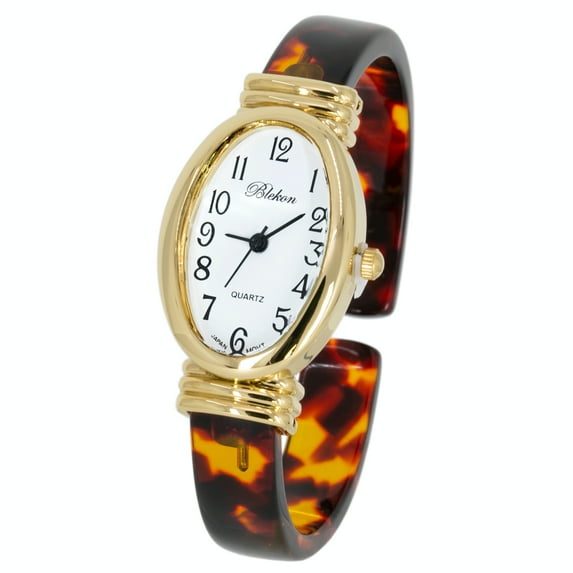 Blekon Collections Women's Round, Oval, Rectangle Case Shapes Acrylic Tortoise Shell Color Design Cuff Bangle Watch