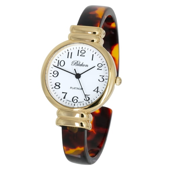 Blekon Collections Women's Round, Oval, Rectangle Case Shapes Acrylic Tortoise Shell Color Design Cuff Bangle Watch