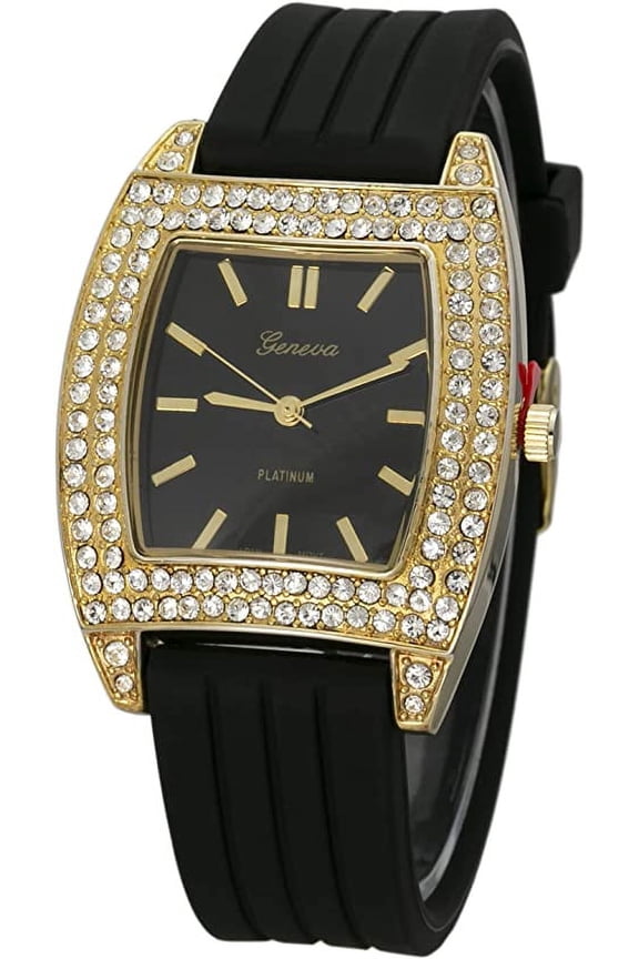 Collections Women's Silicone 37mm Rectangular Case Rhinestone Bezel Super Soft Silicone Buckle Strap Watch