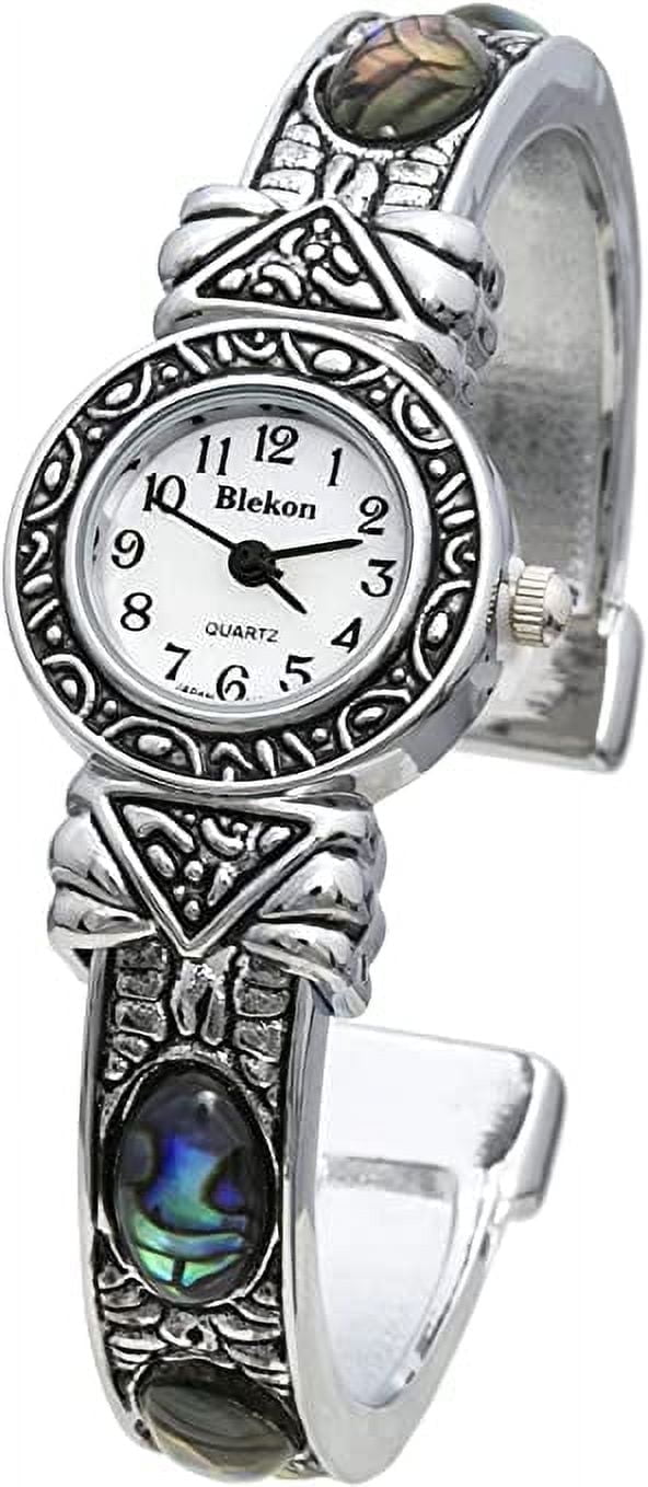 Blekon Collections Womens 22mm Case Graved Stones Large Cuff Bangle Watch (Fits Wrists Up to 7-8 inches)