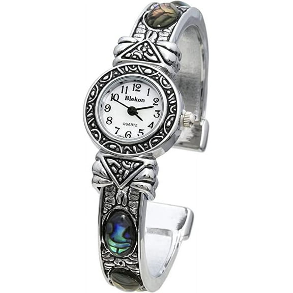 Blekon Collections Womens 22mm Case Graved Stones Large Cuff Bangle Watch (Fits Wrists Up to 7-8 inches)