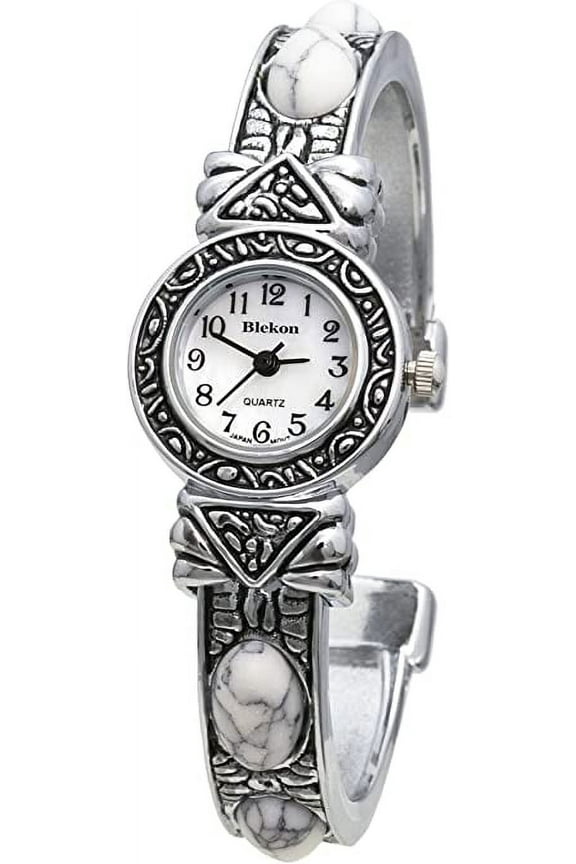 Collections Womens 22mm Case Graved Stones Large Cuff Bangle Watch (Fits Wrists Up to 7-8 inches)