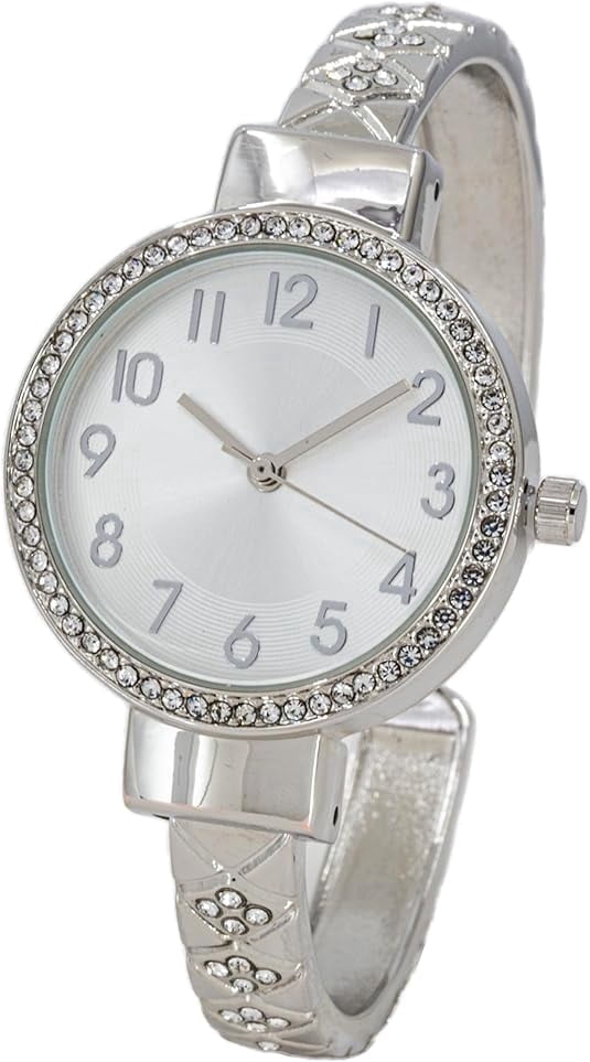 Blekon Collections Womens 32mm Case Plaided Designed Rhinestone Cuff Bangle Watch (Silver)
