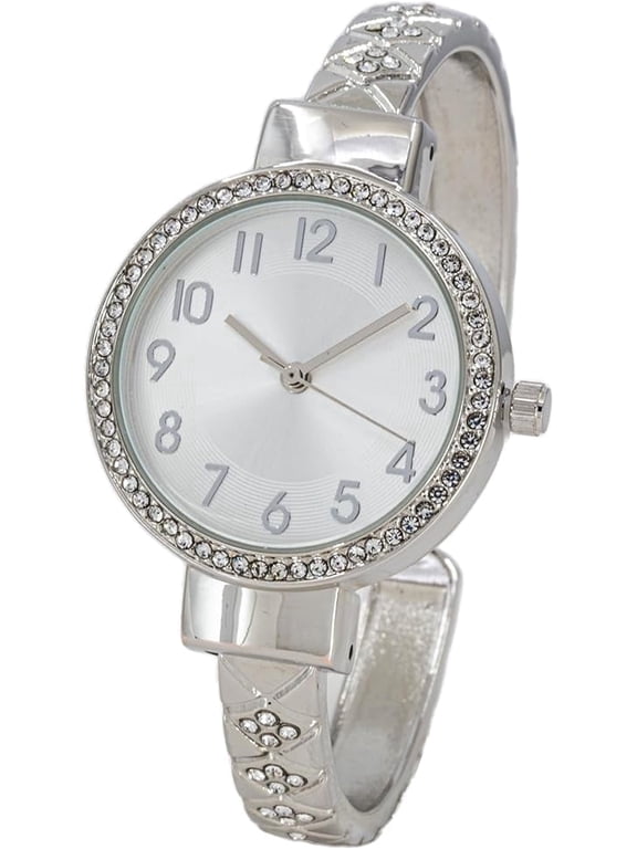 Collections Womens 32mm Case Plaided Designed Rhinestone Cuff Bangle Watch (Silver)