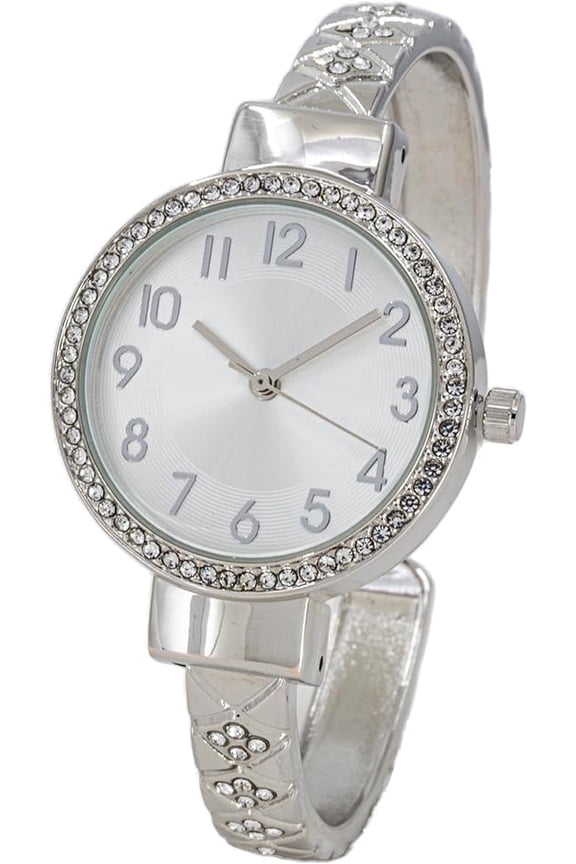 Collections Womens 32mm Case Plaided Designed Rhinestone Cuff Bangle Watch (Silver)