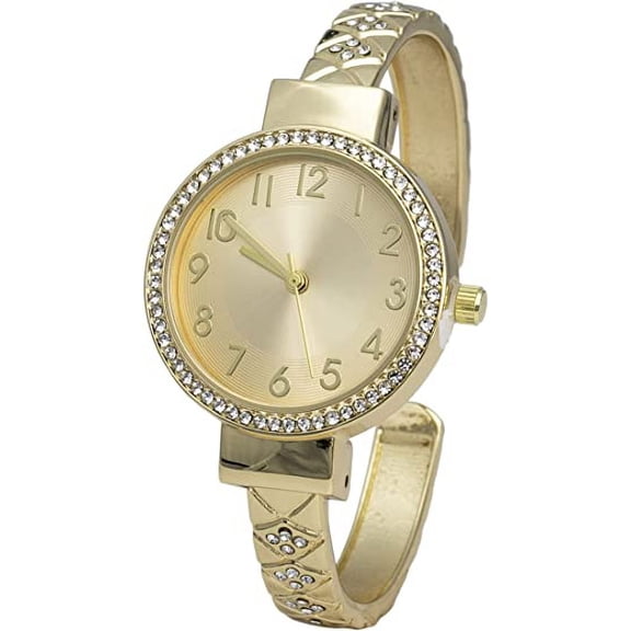 Blekon Collections Womens 32mm Case Plaided Designed Rhinestone Cuff Bangle Watch