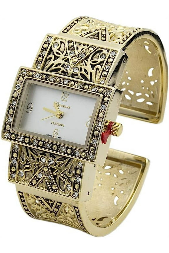 Blekon Collections Womens 32mm Rhinestone Intricate Gold Concho Cuff Bangle Watch