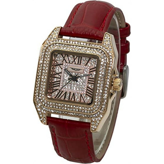 Blekon Collections Womens 35mm Square Rhinestone Dial Leather Buckle Strap Watch