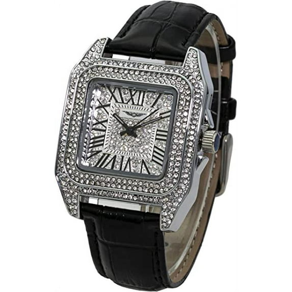 Blekon Collections Womens 35mm Square Rhinestone Dial Leather Buckle Strap Watch