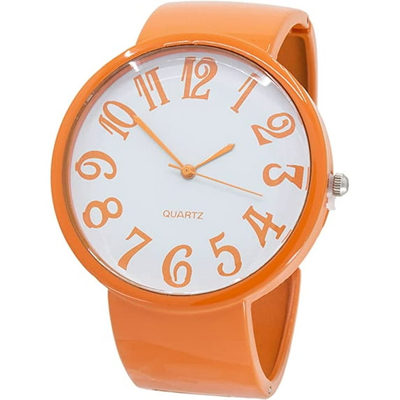 Blekon Collections Womens 42mm Case Analog Quartz Display Big Numbers Plain Designed Colored Semi Cuff Bangle Ladies Wrist Watch
