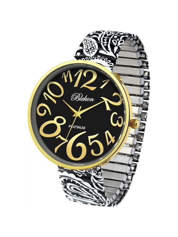 Collections Women’s Extra Large Floral Wrist Watch, 41mm Case, Multicolor White & Black Dial, Expansion Stretch Band