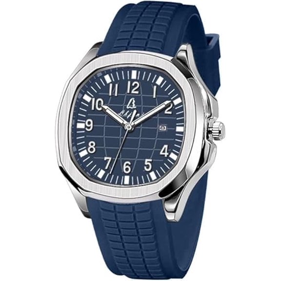 Blekon Men's 44mm Quartz Watch with Silicone Strap, Luminous Hands, Date Display, Silver/Blue