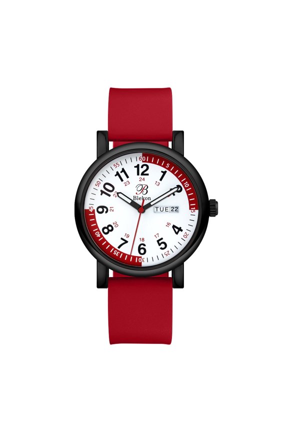 Metal Nurse Watch-Medical Scru, Red Pulsometer, Easy Read Dial with Day/Date, Water Resistant