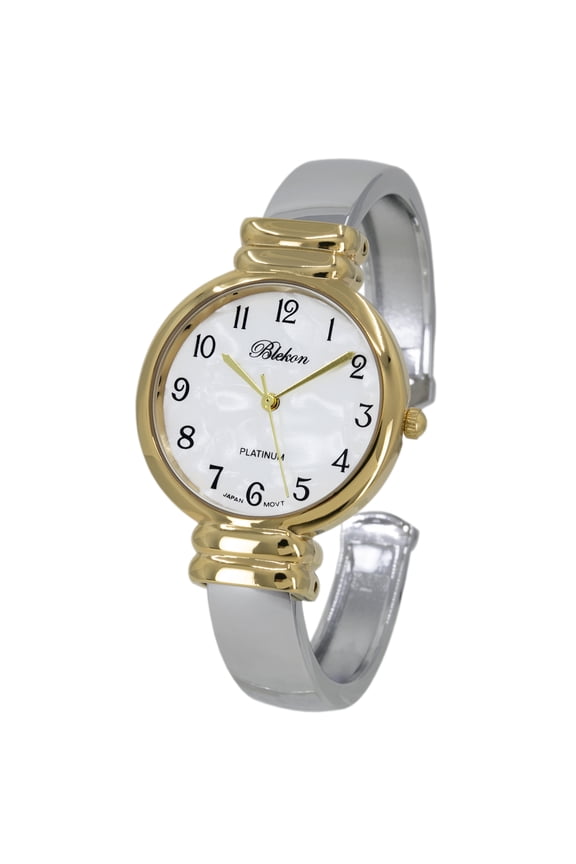 Women’s Mother of Pearl Cuff Watch – 31mm Case, Japanese Quartz, Hinged Bangle