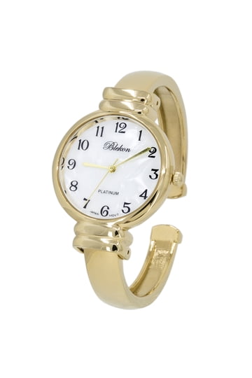 Women\'s Gold White Analog Metal hinged Bangle Pearl Cuff Bracelet Wrist Watch Blekon Original Mother Of Pearl Cuff Bracelet Watch For  main image 4