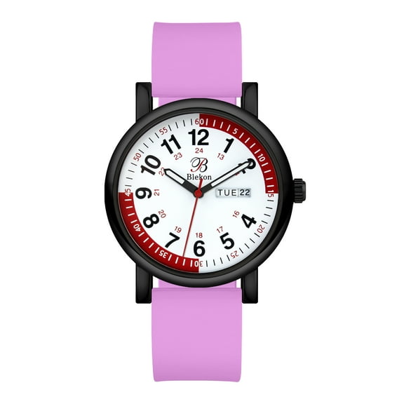Blekon Nurse Watch Medical Scrub Colors for Female Adult - Red Pulsometer, Day/Date, Water Resistant