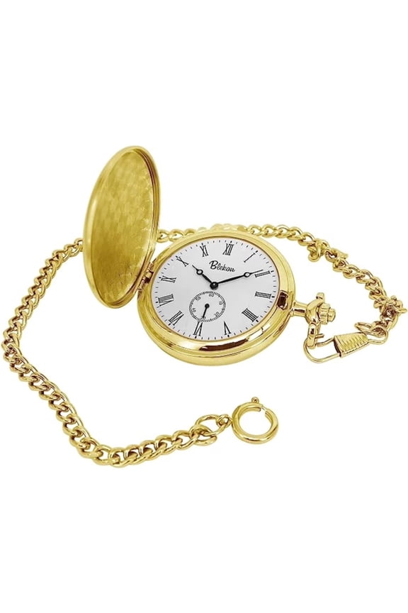 Collections Classic Quartz Pocket Watch with Chain, Arabic & Roman Numerals, Day & Date, Unisex