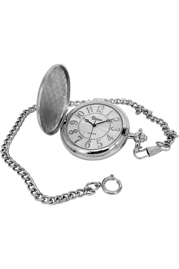 Classic Quartz Pocket Watch with Chain, Arabic & Roman Numerals, Date and Day for Men and Women